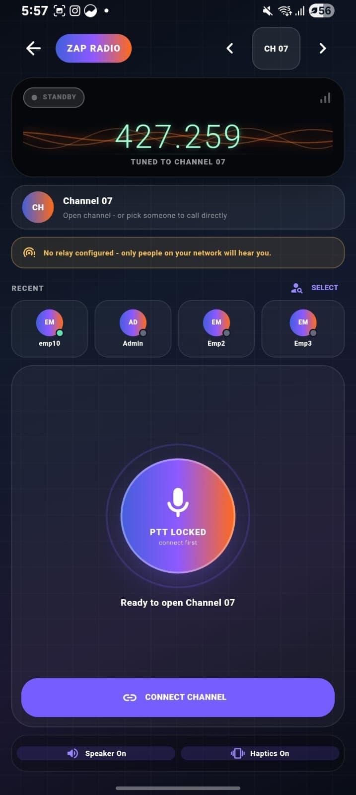 The ZAP Radio walkie-talkie console in the ZapBuzzer app, tuned to a channel